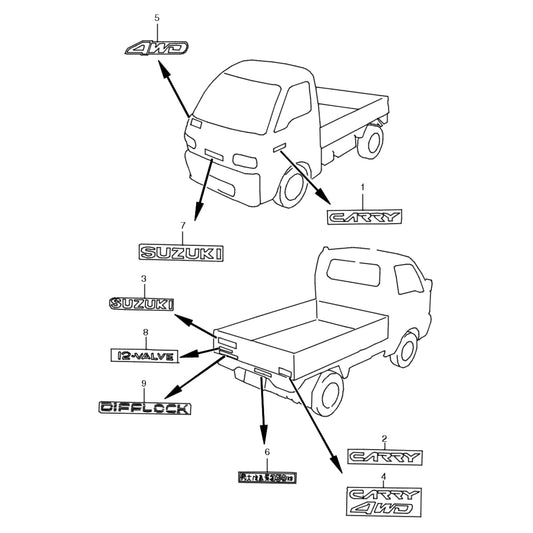 Suzuki Carry DC51T DD51T F6A Badge Decal 77811-51F00-N82 77813-51F00-0NS 77861-54F00-0NS 28421-85600-23E 79131-51F00-35T 77813-51F00-0NS Kei Truck Garage Sydney Australia